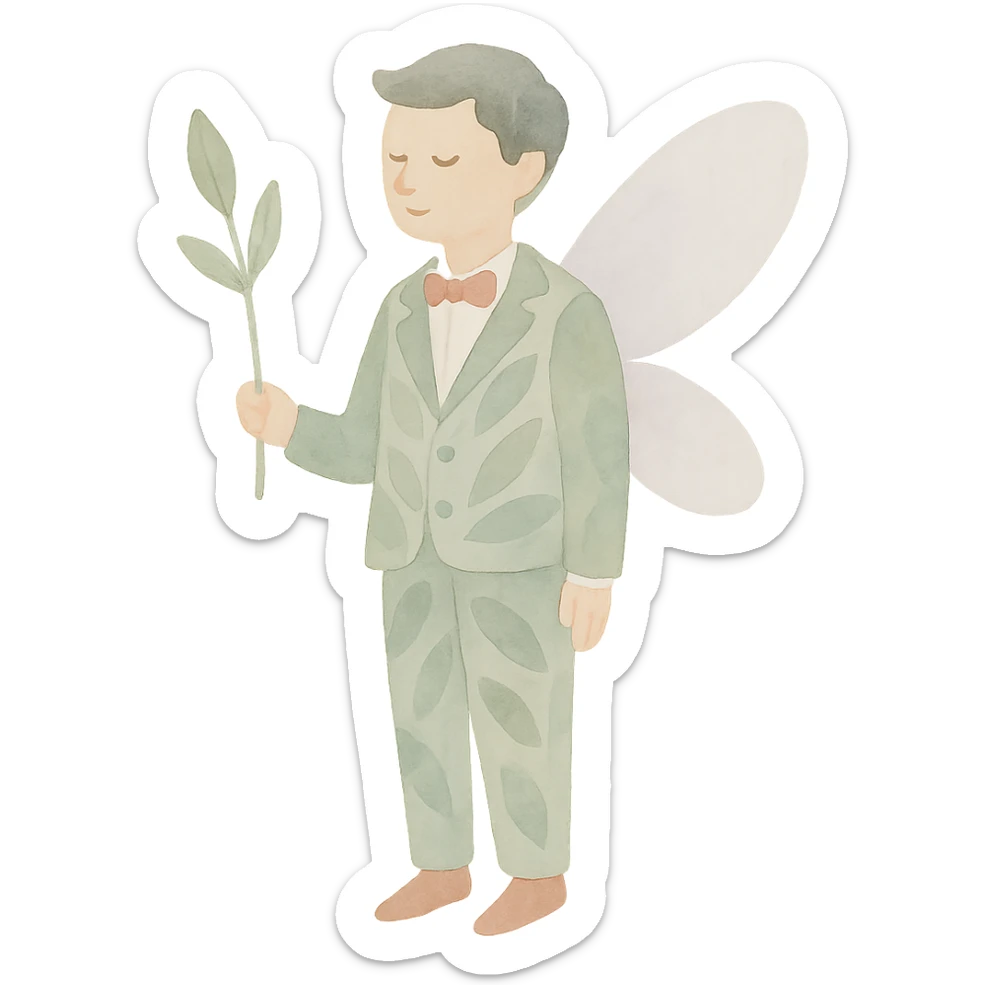 watercolor art illustration of a whimsical fairy groom in a leafy suit, calm pastel colors, white background, designed for sticker printing sticker