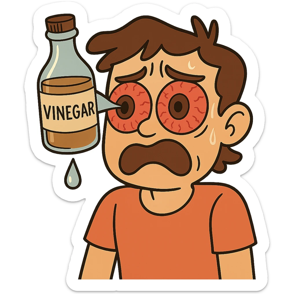 A cartoon style illustration of a vinegar bottle with a drip of liquid falling directly into a person's big, reddened, expressive eyes. The image is clear and expressive with no background. The style is cartoonish and vivid, focusing on the vinegar bottle and the eyes with a visible drip of liquid. sticker