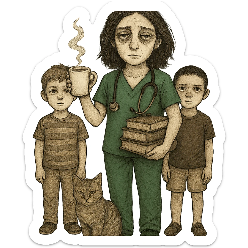 Edit the image to add two boys. The woman should be wearing Kelly green scrubs, with longer and darker hair. She should be holding a coffee cup, with a stethoscope around her neck, and a stack of books nearby. Include a cat at her feet. She has pale skin, gray eyes, and a tired expression. Remove the background entirely. sticker
