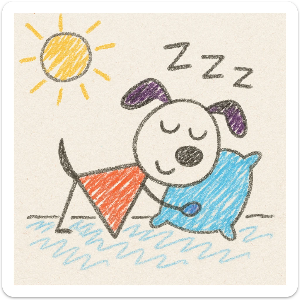 a dog snoring with a little pillow, cozy illustration style sticker