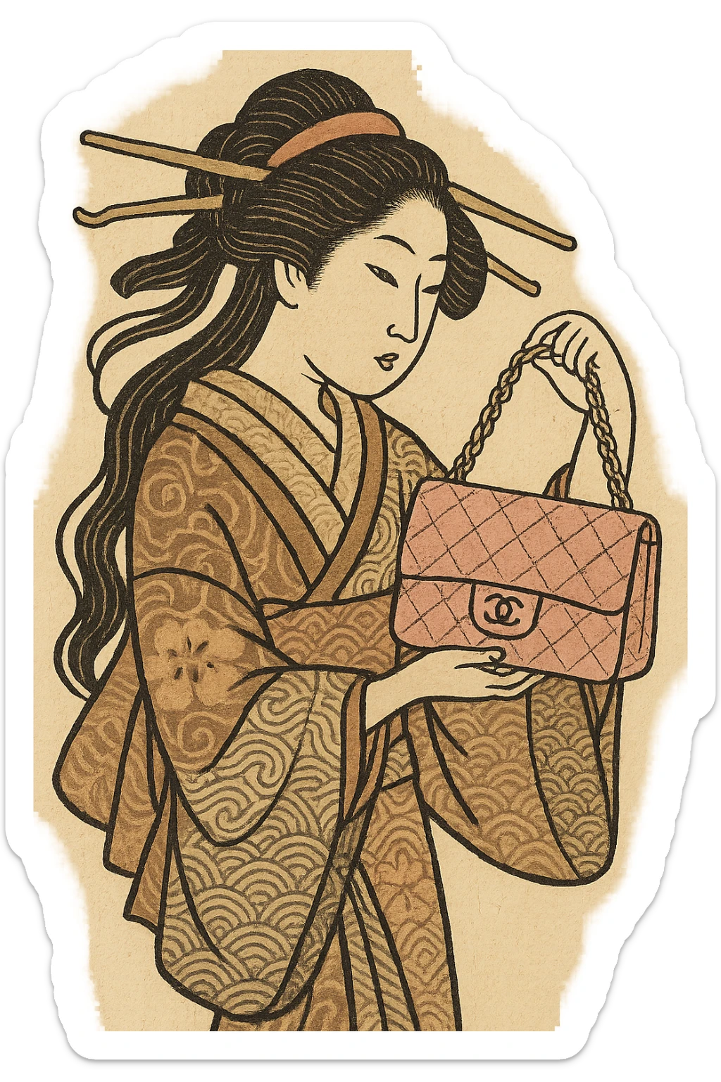 pink Chanel purse, Japanese woodblock print inspired, ukiyo-e style sticker
