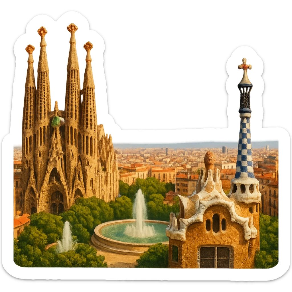 cinematic realistic emoji of Barcelona skyline featuring iconic landmarks Sagrada Familia, Park Güell, Magic Fountain, lifelike detail, accurate colors, bright lighting, wide city view, no sky, fully transparent background sticker