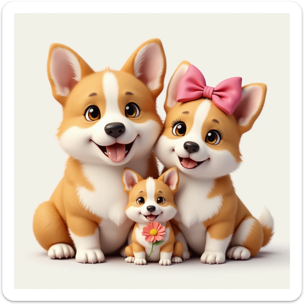 photorealistic corgi family together: male, female with pink bow, and small puppy with flower, all looking happy sticker