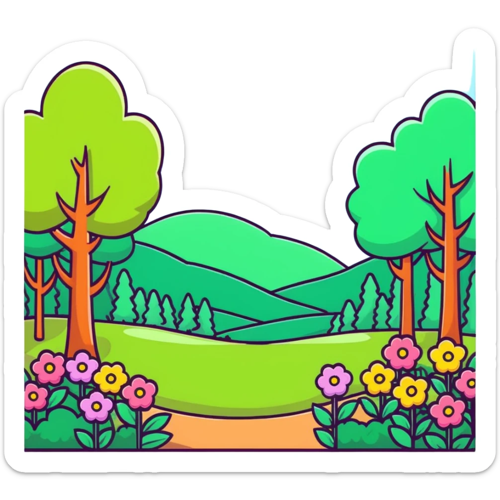 spring forest scene with colorful flowers and green trees in cartoon sticker style sticker