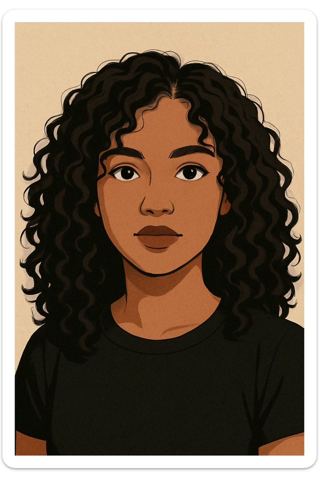 portrait of a girl with 2b dark brown curly hair, brown eyes, brown lips, slightly morena skin, wearing a black t-shirt, modern illustration style sticker