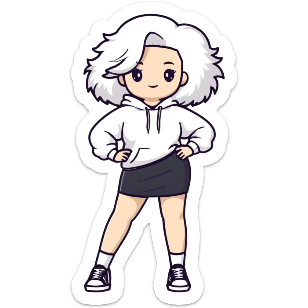 Female with slim hourglass figure, white big hair, wearing white sweatshirt, black skirt, and white shoes, full body pose sticker