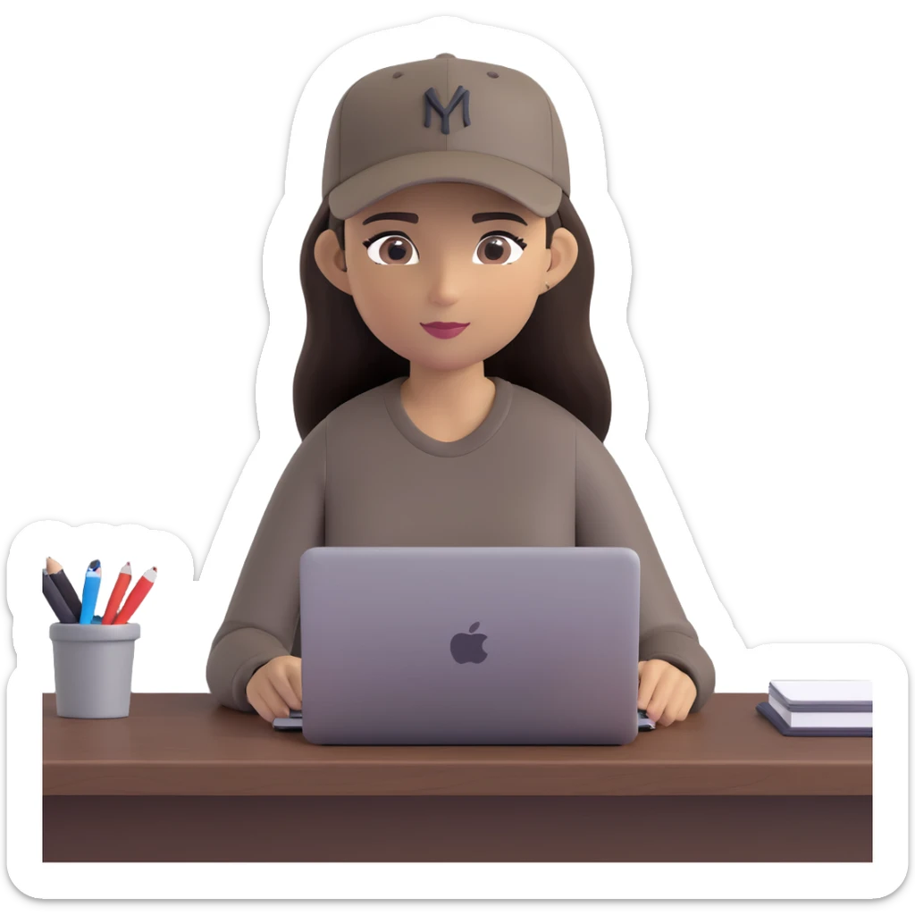 A professional 3D avatar of a young woman with olive skin and long, dark brown hair, wearing a dark, long-sleeved dark taupe shirt and a black baseball cap. She's sitting at a sleek wooden desk, typing on a silver MacBook. sticker