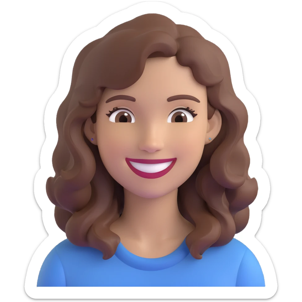 detailed emoji focusing on the face of a smiling woman with wavy brown hair, clean and classic style, no extra accessories sticker