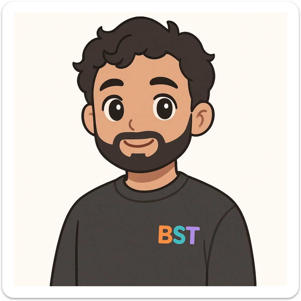 2D digital anime-style portrait of a young adult male with medium skin tone, short wavy black hair, almond-shaped black eyes, and a full beard. Wearing a plain dark grey or black sweatshirt with the BST logo in vibrant colors (orange, teal, purple, blue) on the left chest. Solid black background. Facing forward with a slight smile (no teeth). Soft and flat lighting, clean anime lines, smooth shading. Professional, cohesive team style. sticker