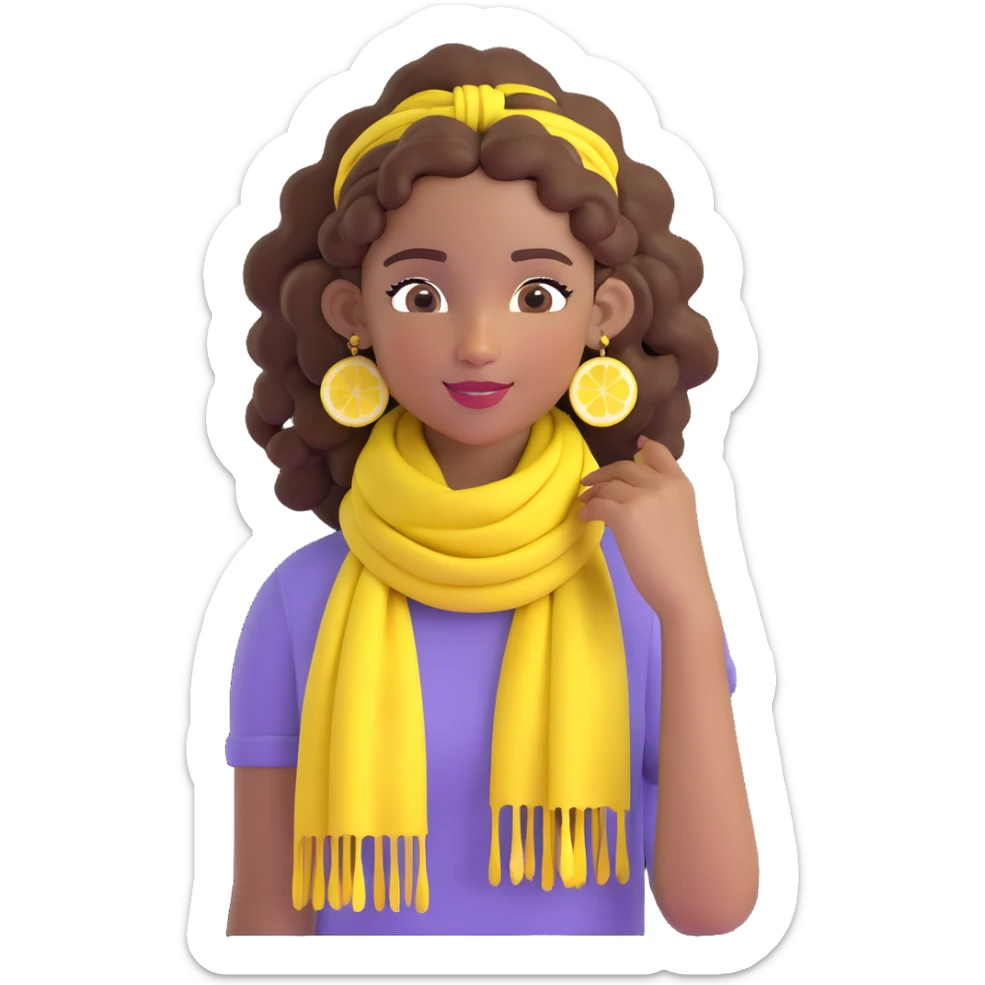 bohemian girl emoji, brown skin, long curly brown hair up, lemon yellow scarf, round earrings, free-spirited vibe sticker