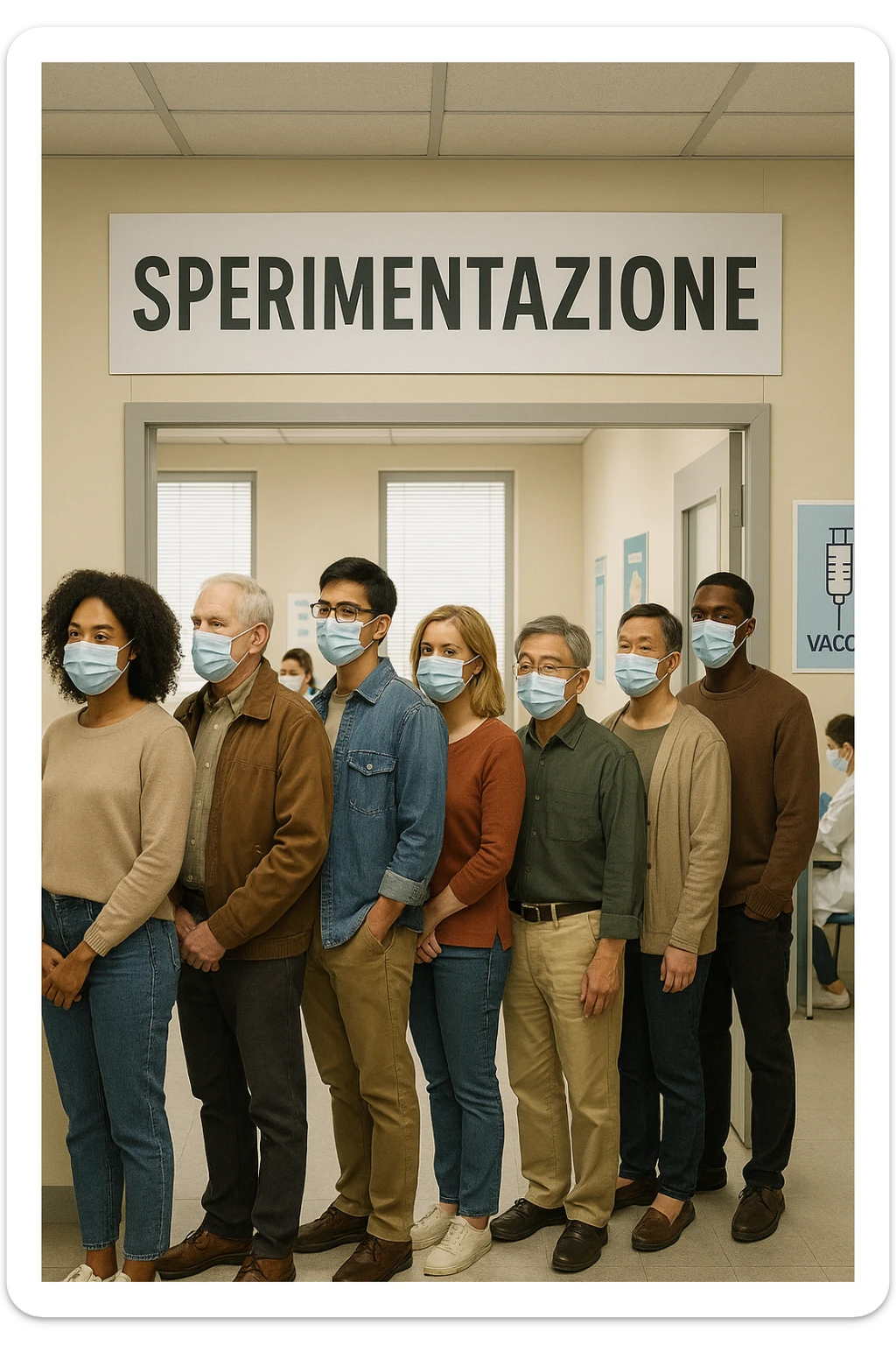 donne e uomini che fanno fila per i vaccini, chiamati "Sperimentazione" sticker