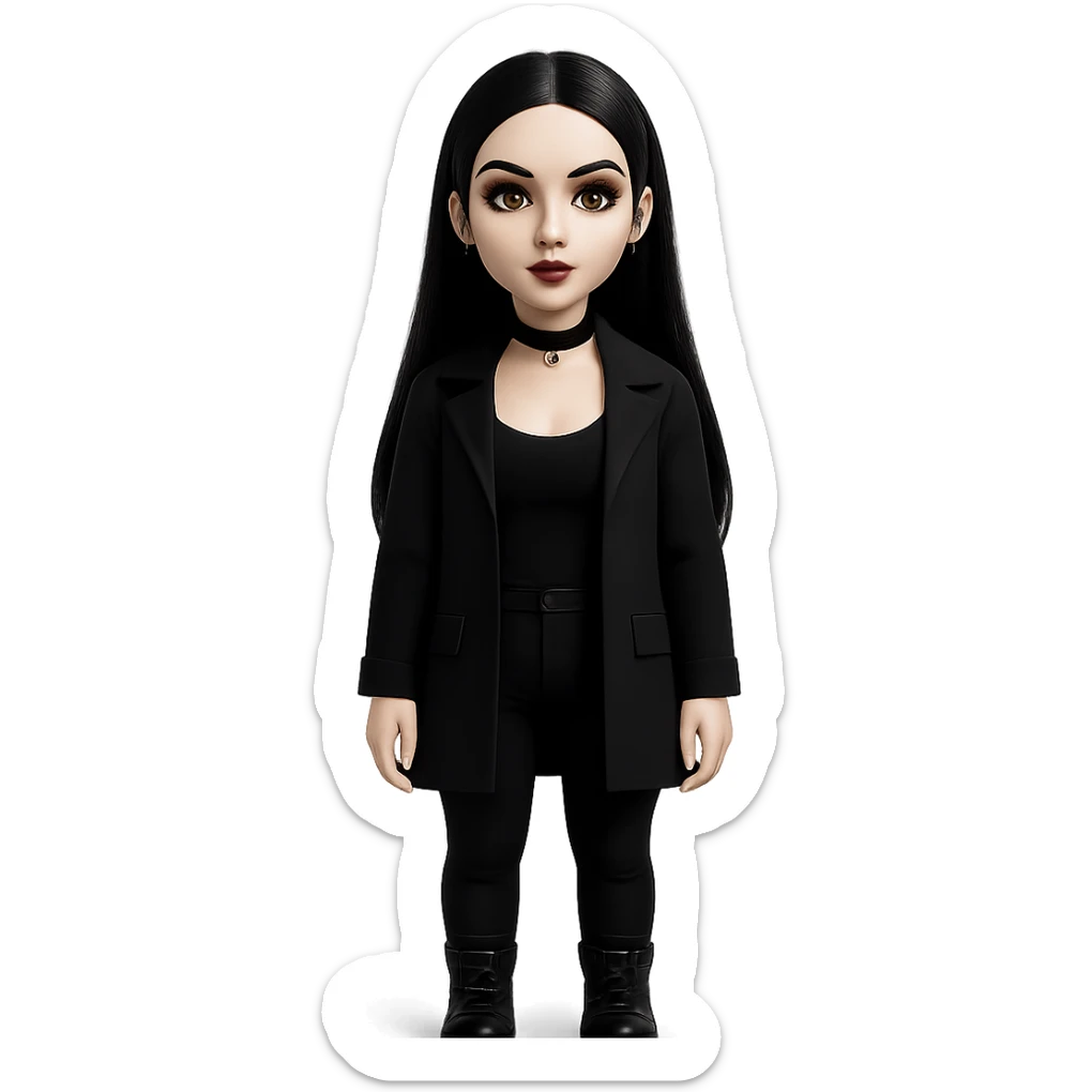 Make the woman more attractive with facial piercings, remove her fringe, dress her in gothic clothing, keep her pale skin and long straight black hair, standing still, with no background. sticker