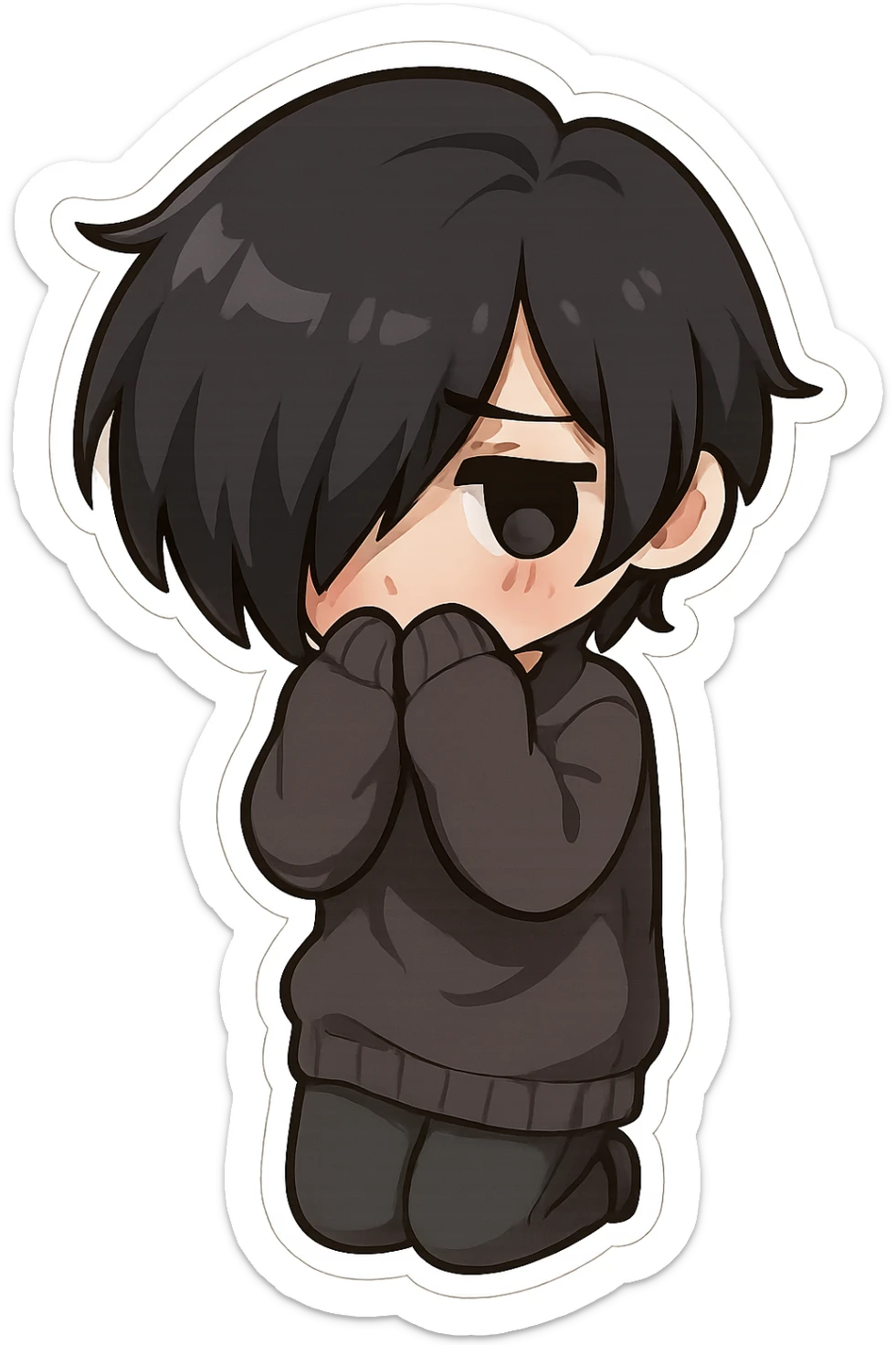 emo teen with dark hair covering one eye, chibi style, oversized sweater, shy pose, pale skin, no background sticker