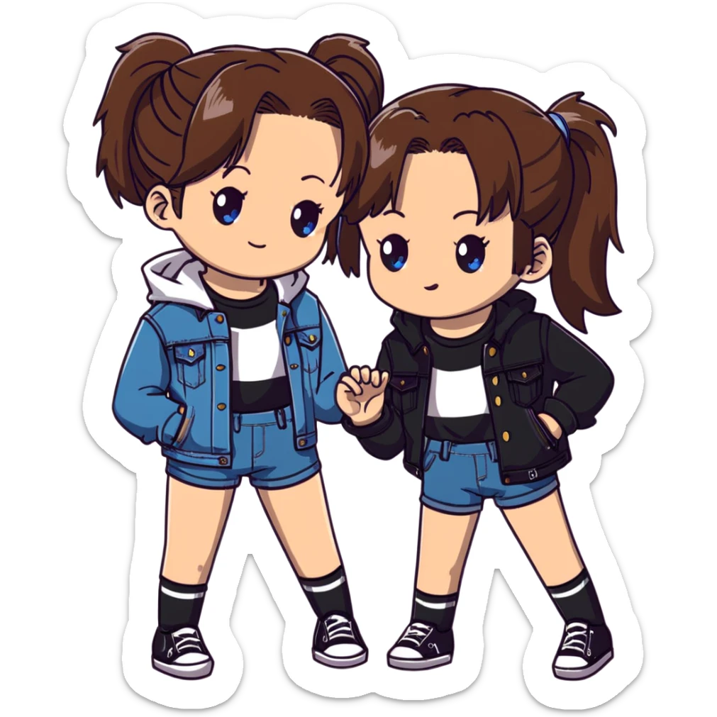 Two anime girls who are best friends, both with brown shoulder length hair. First girl has blue-green eyes, wearing black and white striped t-shirt, denim jacket, and denim shorts. Second girl has brown eyes, wearing denim overalls, with hair in a ponytail secured by a claw clip. sticker