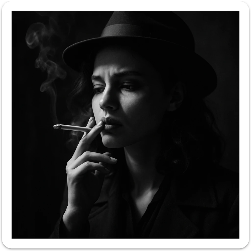 a girl smoking, noir style, dramatic lighting, moody, black and white, cinematic sticker