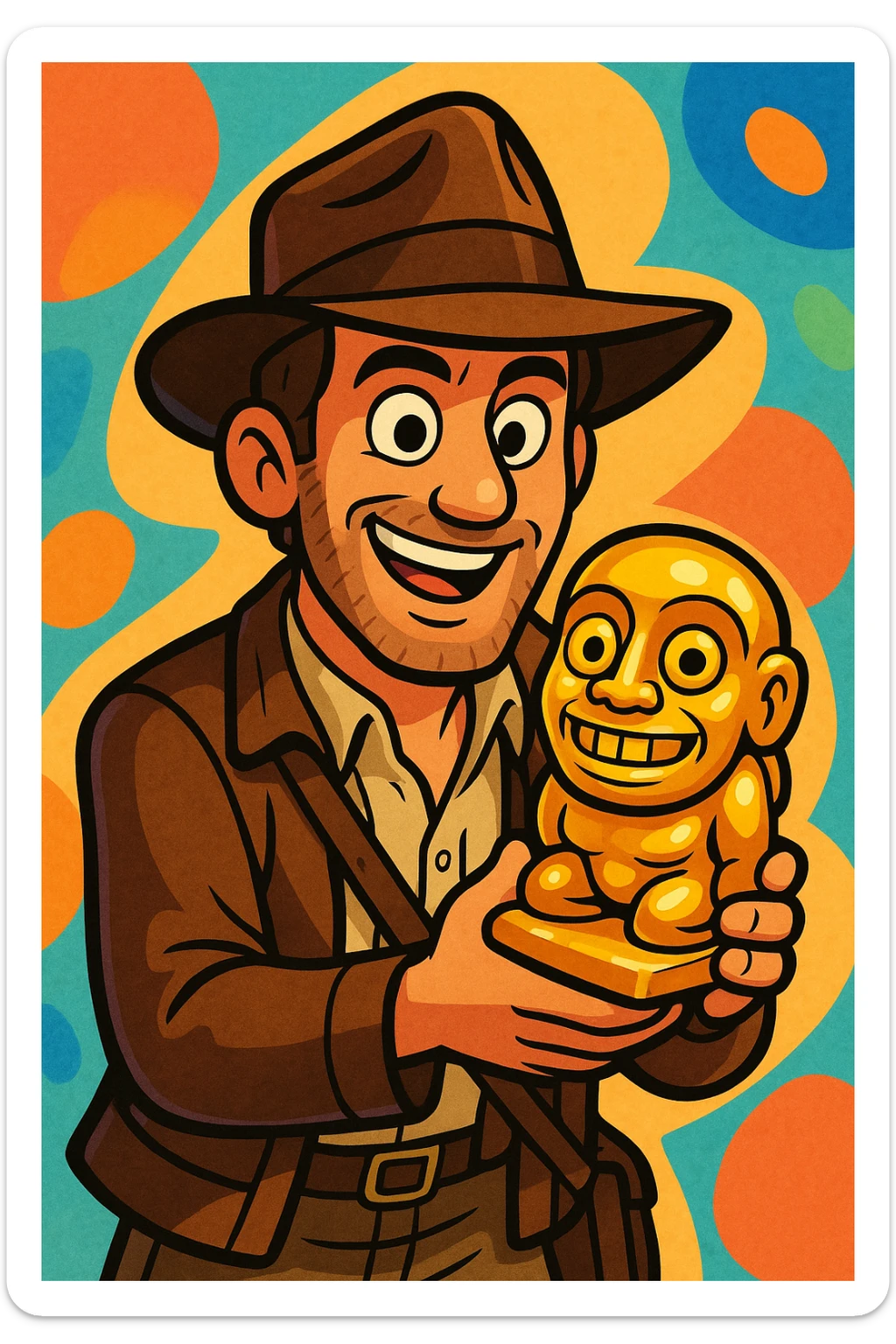 Indiana Jones, cartoon style, wearing a brown jacket and hat, holding a golden idol, colorful and playful sticker