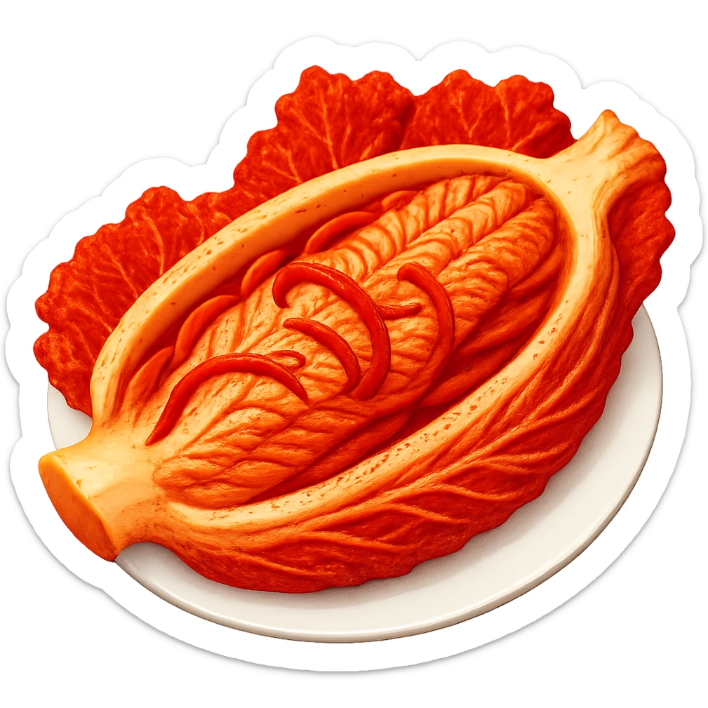 Apply red chili seasoning evenly on all green cabbage leaves to make it look like kimchi. Remove all green color so no green remains. The style should resemble emoji style but without a face. Background should be removed. sticker