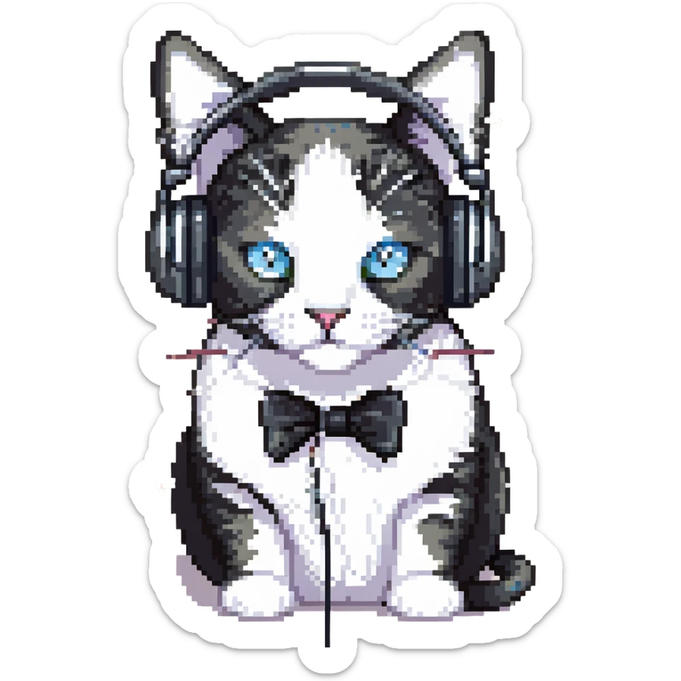Edit the pixel art image of the cat to make it a tuxedo cat with black and white fur pattern, keep the headphones on the cat, and maintain no background (transparent). sticker