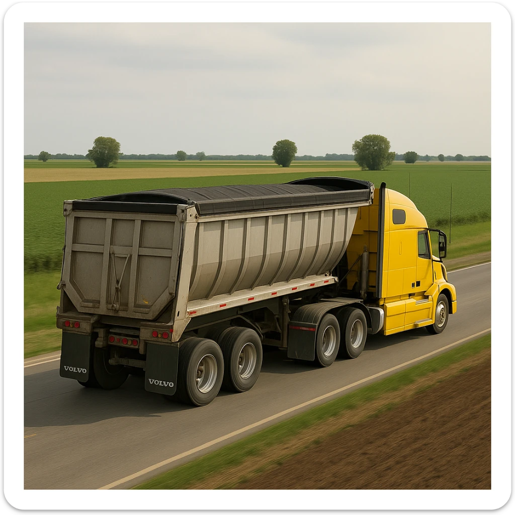 Transform the truck into a realistic yellow Volvo sleeper semi truck driving away with a large end dump trailer through farmland. Focus on realistic details and natural environment. sticker