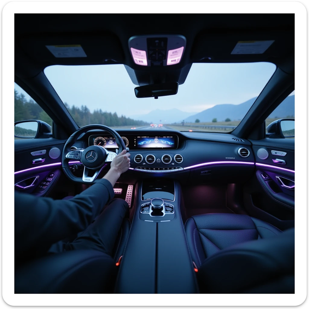 Ultra-realistic POV from driver's seat of a 2025 Mercedes-Benz S-Class. Luxury interior, ambient blue/purple lighting, futuristic dashboard, glowing infotainment, realistic hand on Mercedes steering wheel. Trim reflections, dynamic shadows, blurred windshield. Cinematic, 8K hyperrealism. sticker