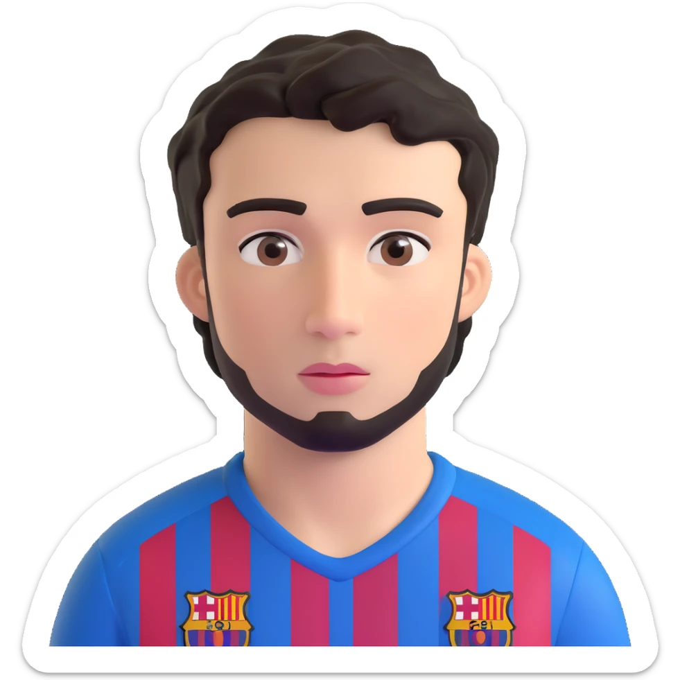 young male footballer inspired by Lamine Yamal, youthful face, short curly black hair, brown eyes, subtle confident expression, wearing FC Barcelona home kit with blue and red stripes and club logo visible on chest, smooth shading, slightly oversized eyes, clean facial hair sticker