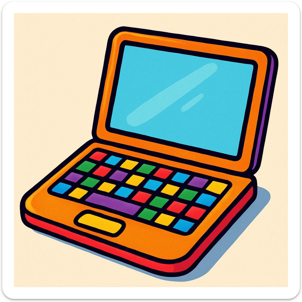 stylized laptop with colorful keys, vibrant cartoon style sticker