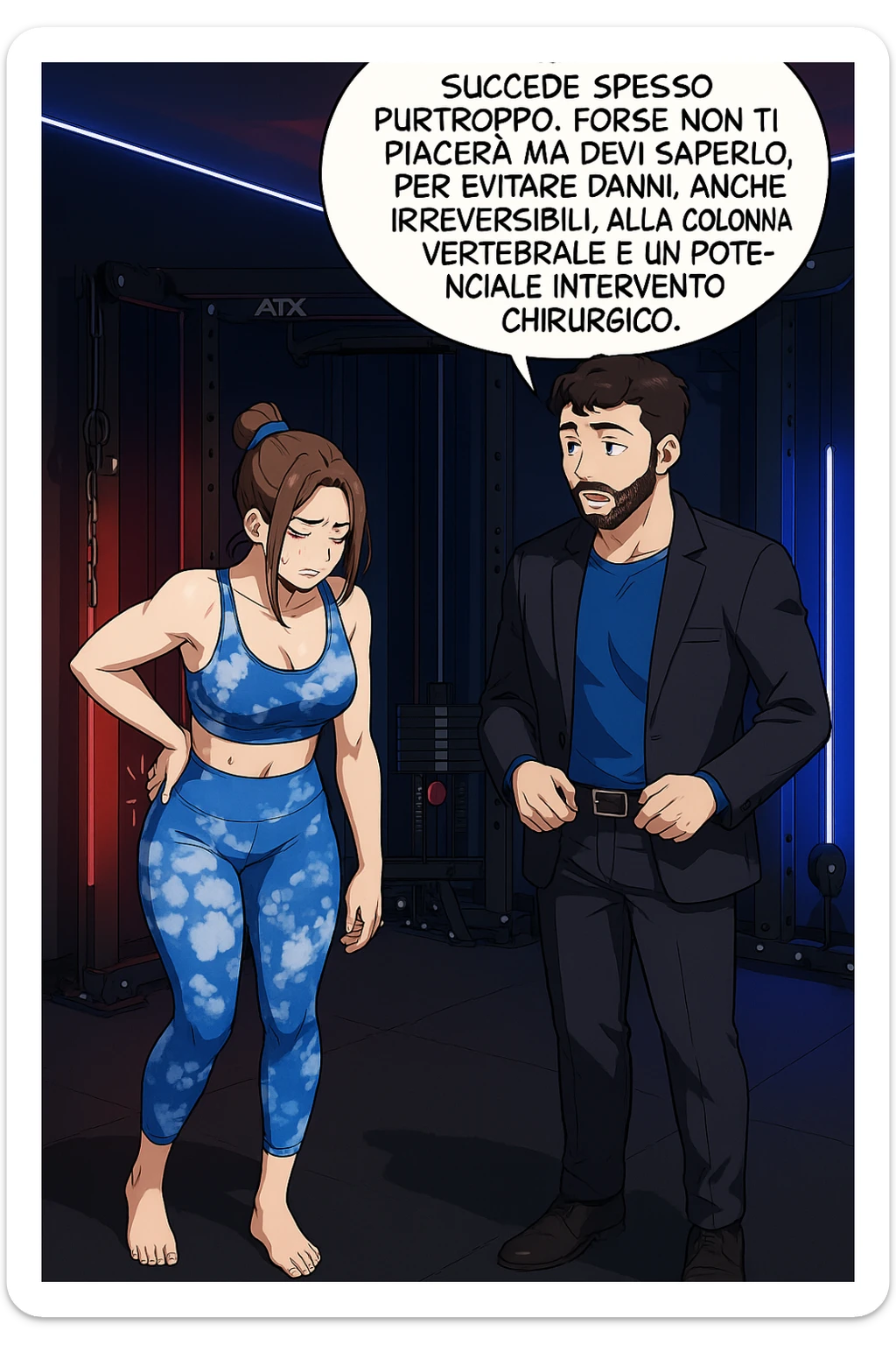 fai questa immagine in versione manga/webtoon a colori, il manga mostra l'uomo che risponde alla donne:
Succede spesso purtroppo. 
Forse non ti piacerà ma devi saperlo, per evitare danni, anche irreversibili, alla colonna vertebrale e un potenziale intervento chirurgico. sticker