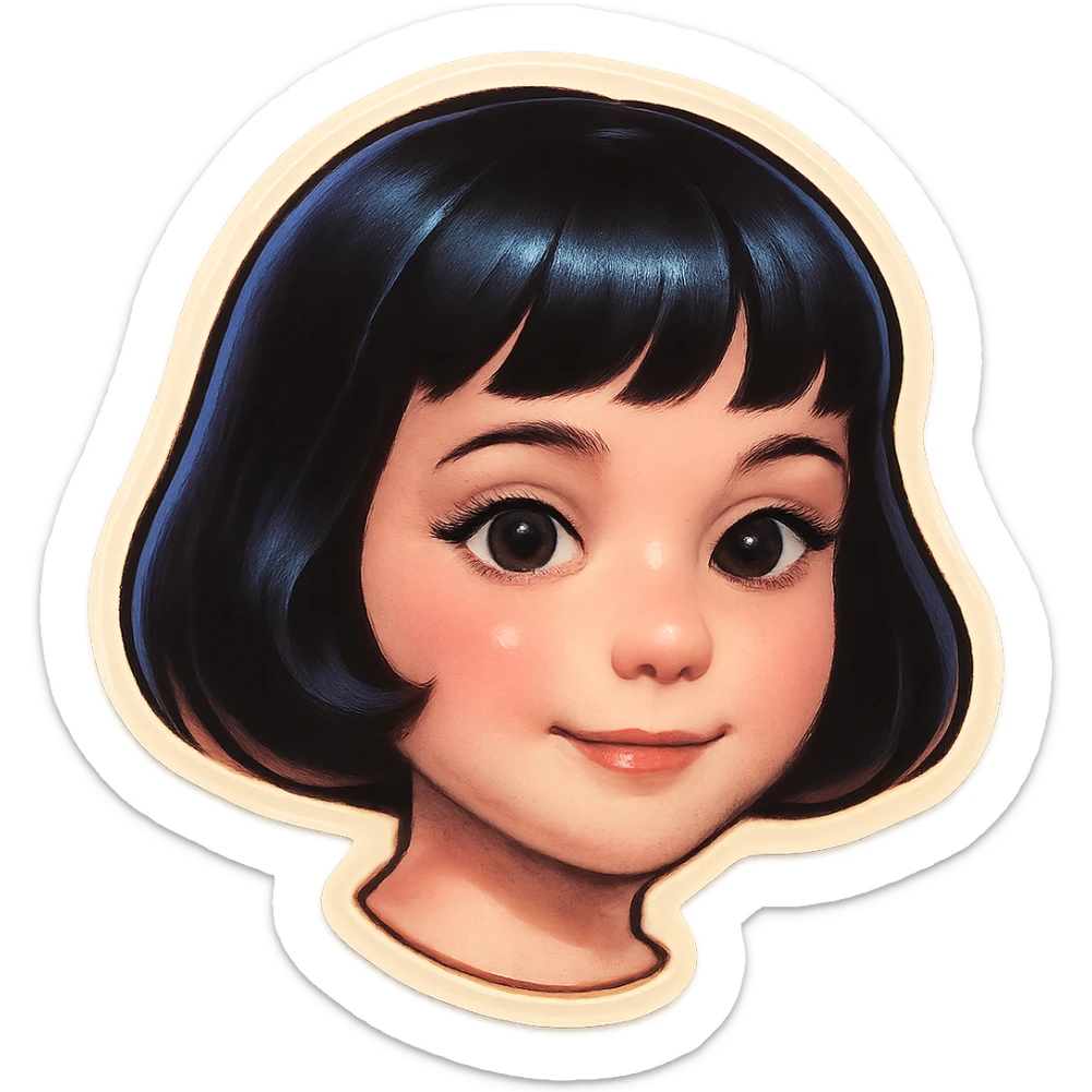 young cute girl with pale skin, black bob haircut, light makeup, big expressive eyes, gentle smile, Telegram sticker style, head only without neck, white background sticker