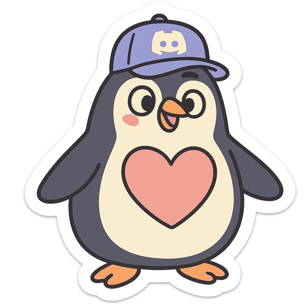 large penguin wearing a Discord hat with a large heart on its chest in pastel-toon style sticker