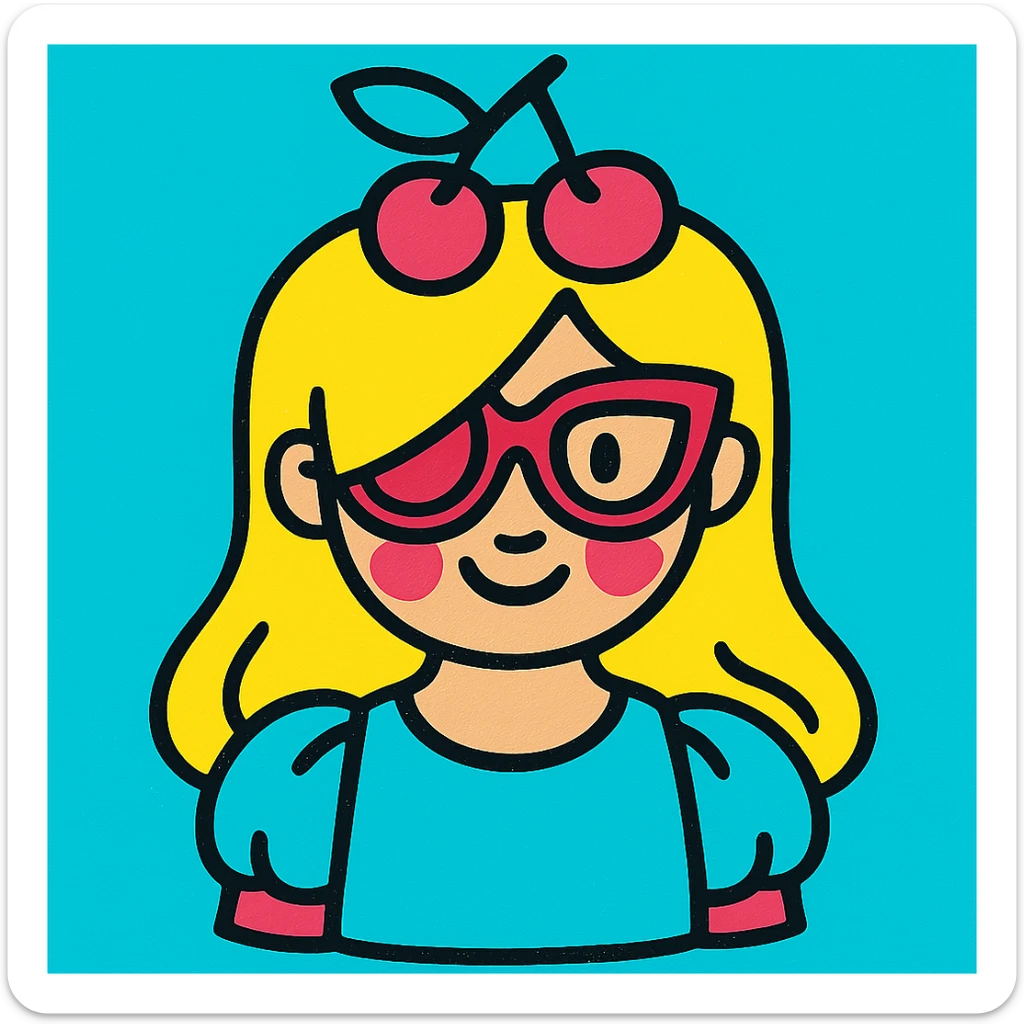 Add puffy sleeves to the woman's baby blue shirt, keeping the vibrant, colorful style with bold and bright colors, no background. sticker