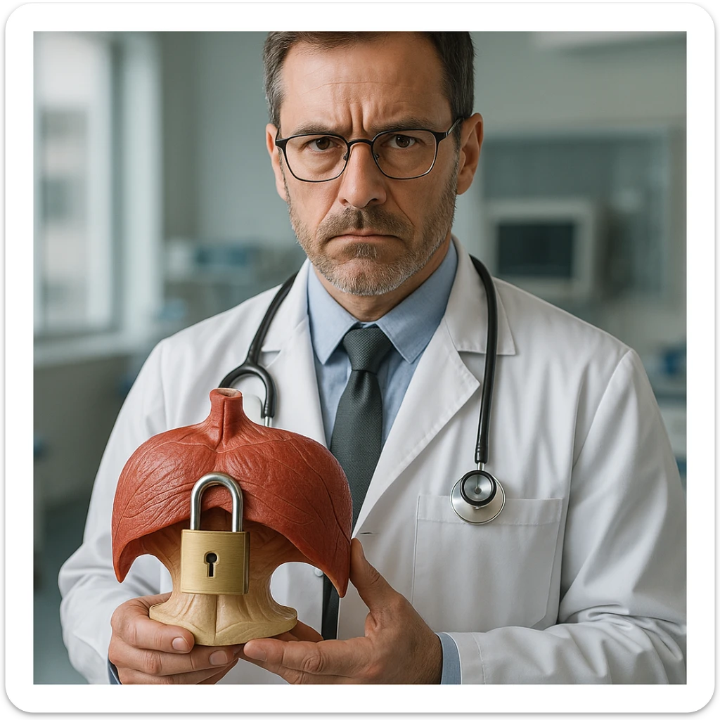 realistic doctor holding an anatomical model of the diaphragm locked with a padlock, serious expression, clinical details, modern medical environment, no cartoon or comic elements, hyper realistic style sticker