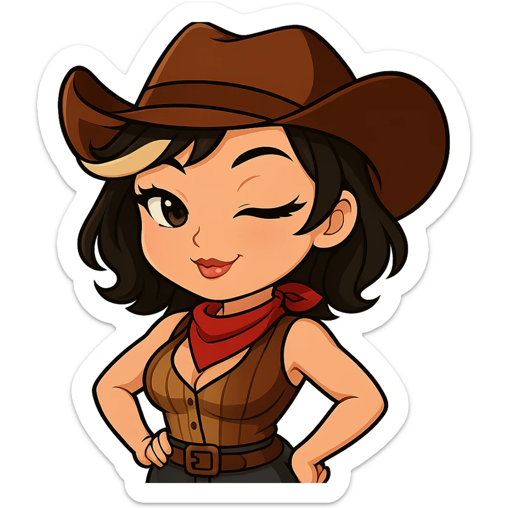 Chibi cowgirl with short hair and a blonde streak, wearing a cowboy hat and western outfit, no guns. Pose: hands on hips, big confident smile, sexier look with more feminine curves and a flirty expression. Chibi/anime style, transparent background, sized for Twitch or Discord use. sticker