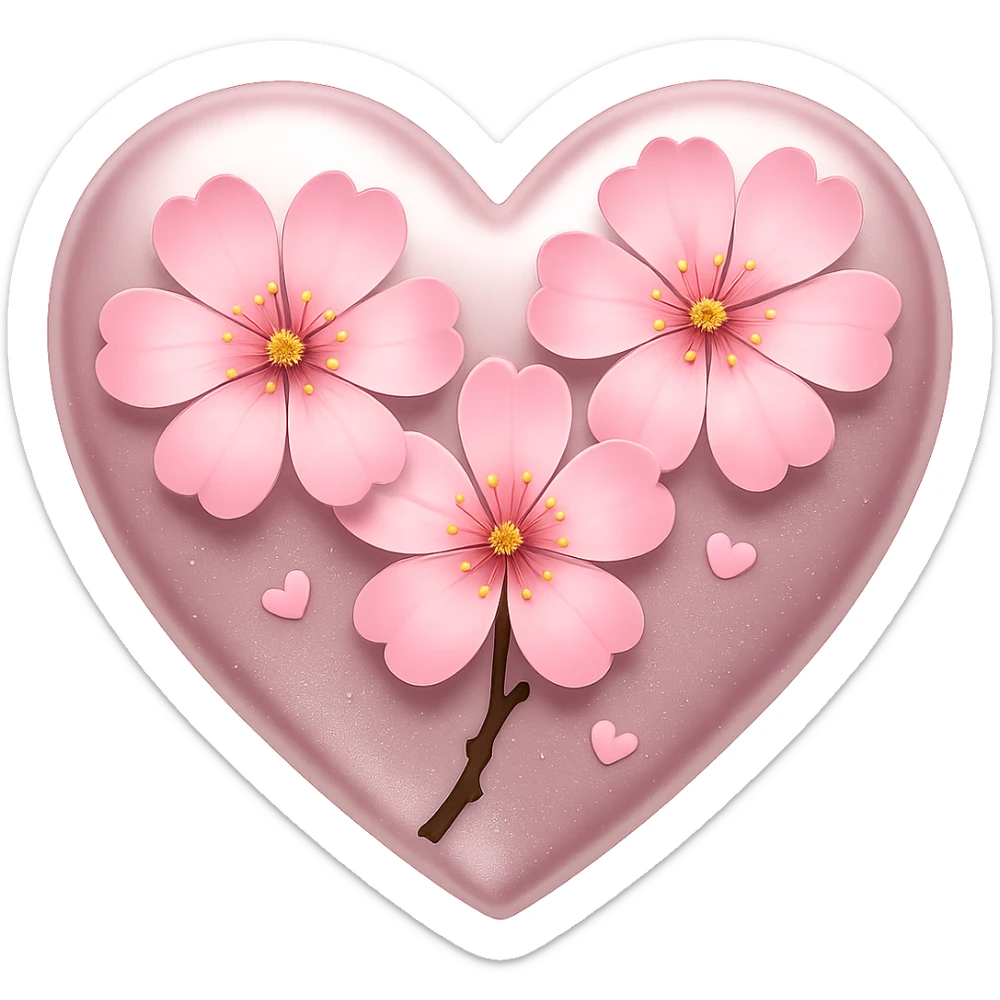 Enhance the silver highlights and overlay on the heart with sakura blossom in the style of apple emojis. Keep the style consistent with apple emoji style and ensure no background (transparent). sticker