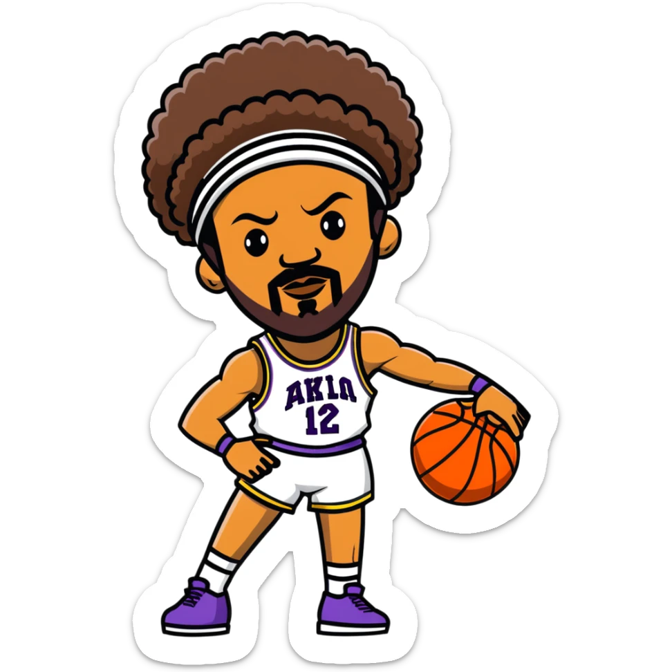Wilt Chamberlain basketball player, tall, afro, headband, holding basketball sticker