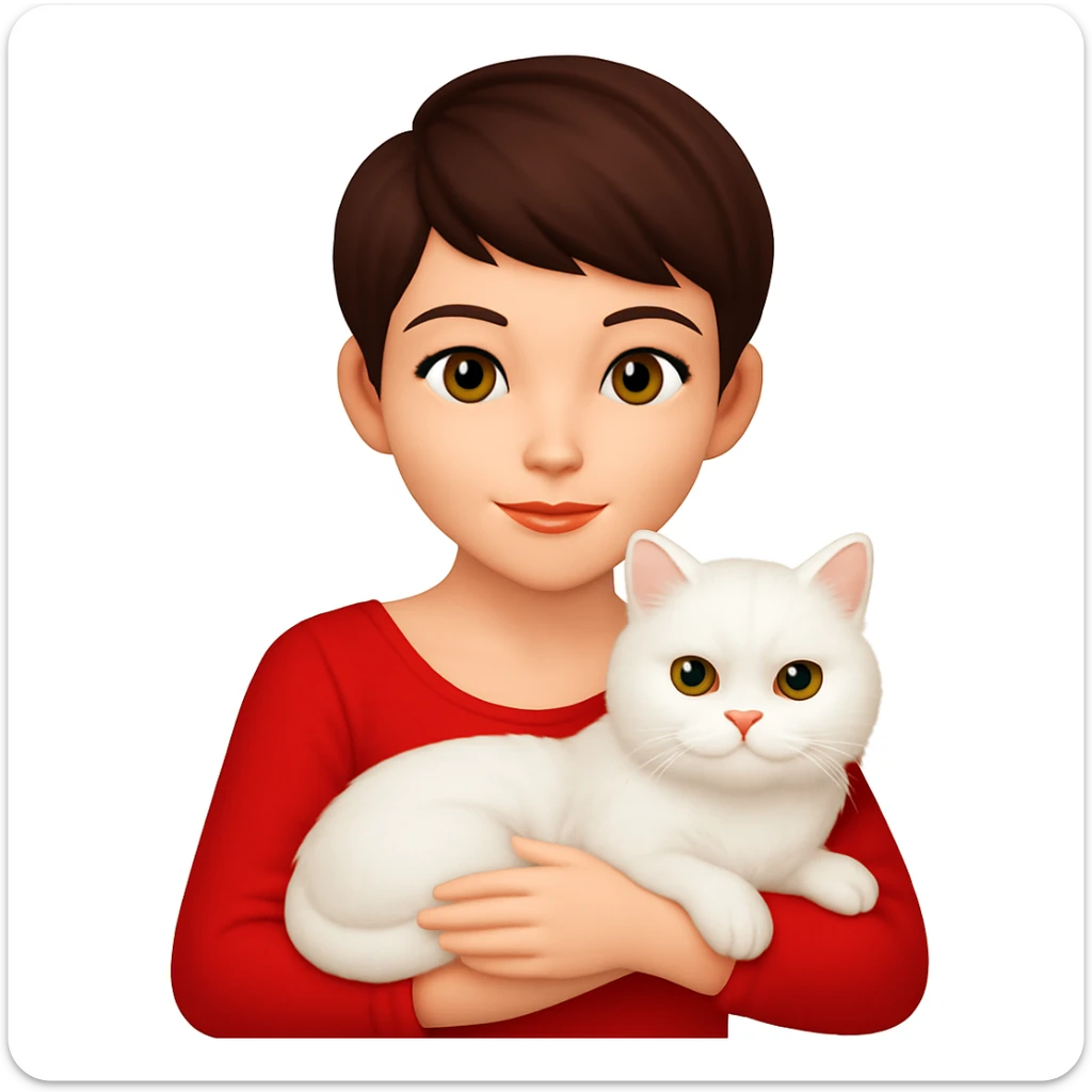 Brunette woman snuggling white Persian cat, emoji style, wearing a red dress, with a pixie cut sticker