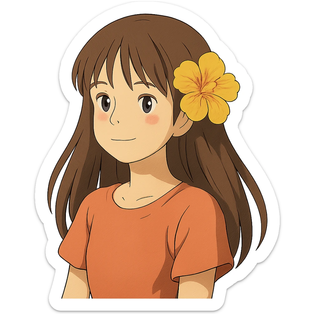 ghibli style girl with straight hair, flower in hair, summer theme sticker