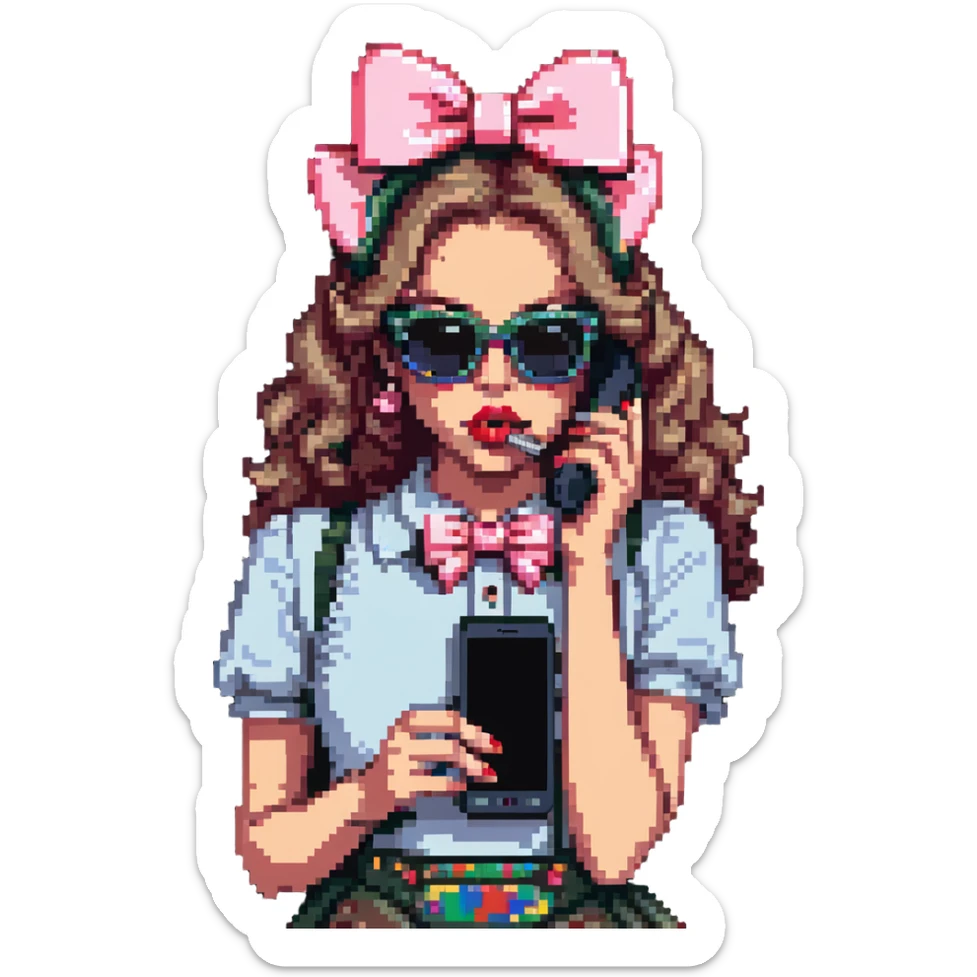 Girl with huge lips, sunglasses, bow on her hair, holding a phone with attitude sticker