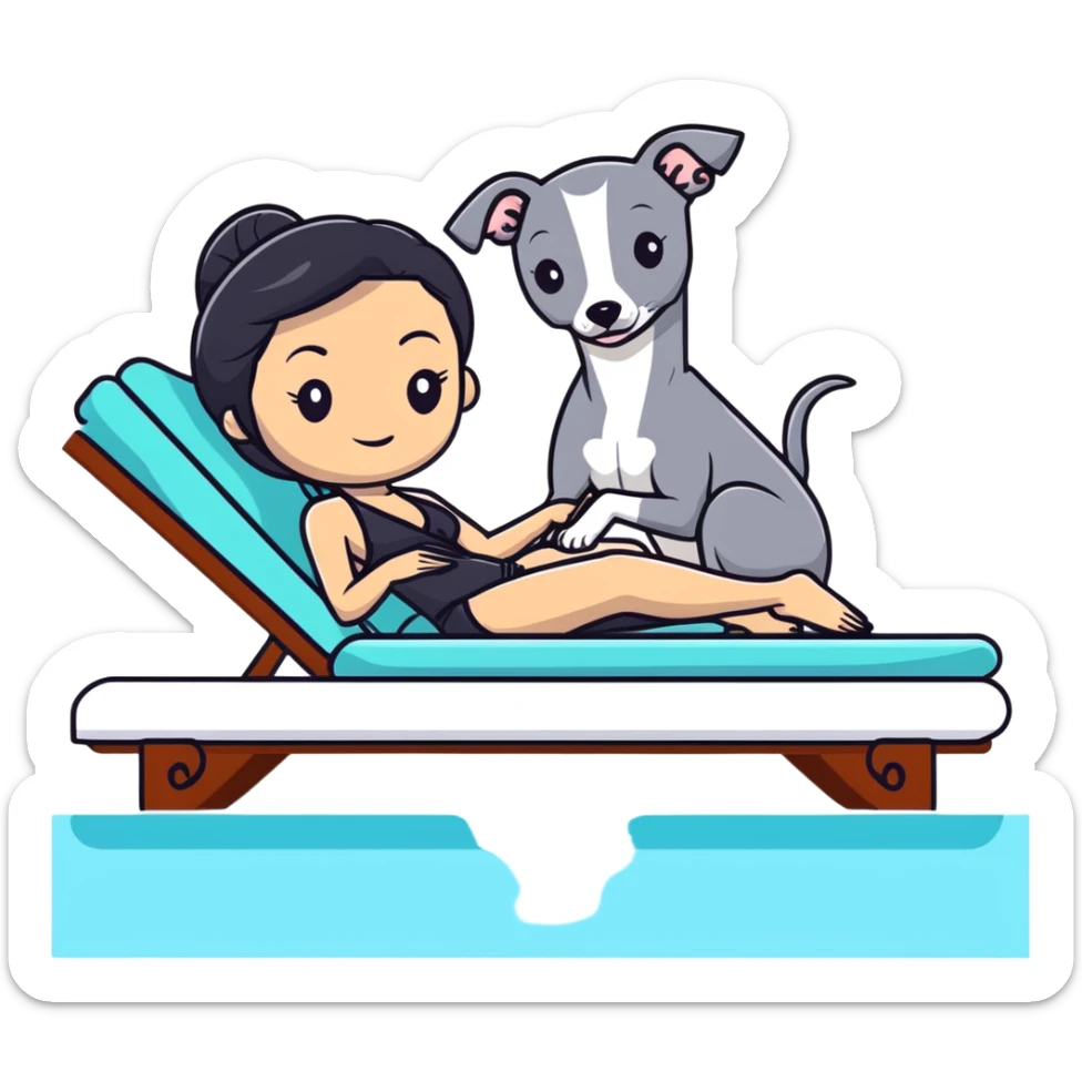 Very thin and slim Chinese woman with long black hair in elegant pool attire relaxing on a comfortable spa lounger at a luxury spa pool with only ONE Italian greyhound that is COMPLETELY solid dark grey with ABSOLUTELY ZERO white markings anywhere - 100% uniform dark grey color only - the single dog is relaxing on or beside the lounger sticker