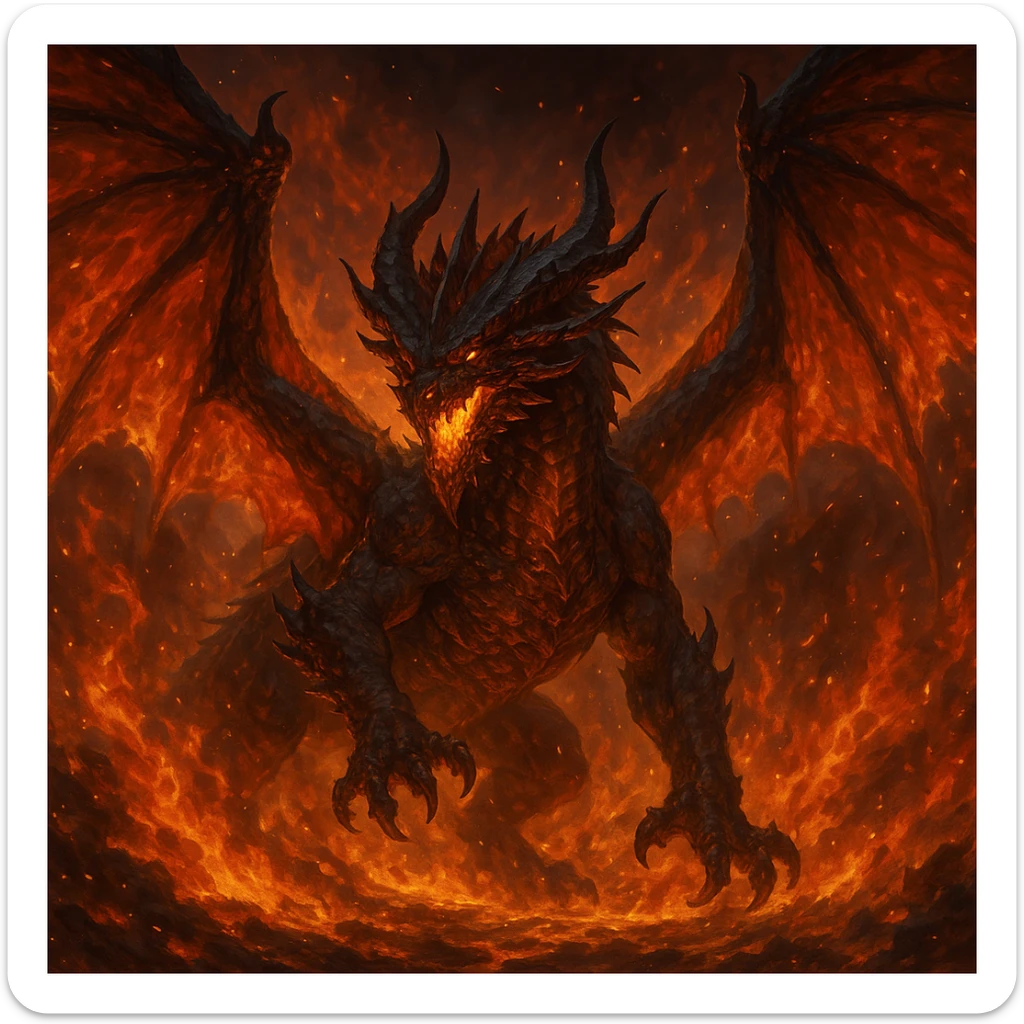 fire lord dragon, wings spread wide, fiery background, fantasy style, majestic fantasy illustration sticker