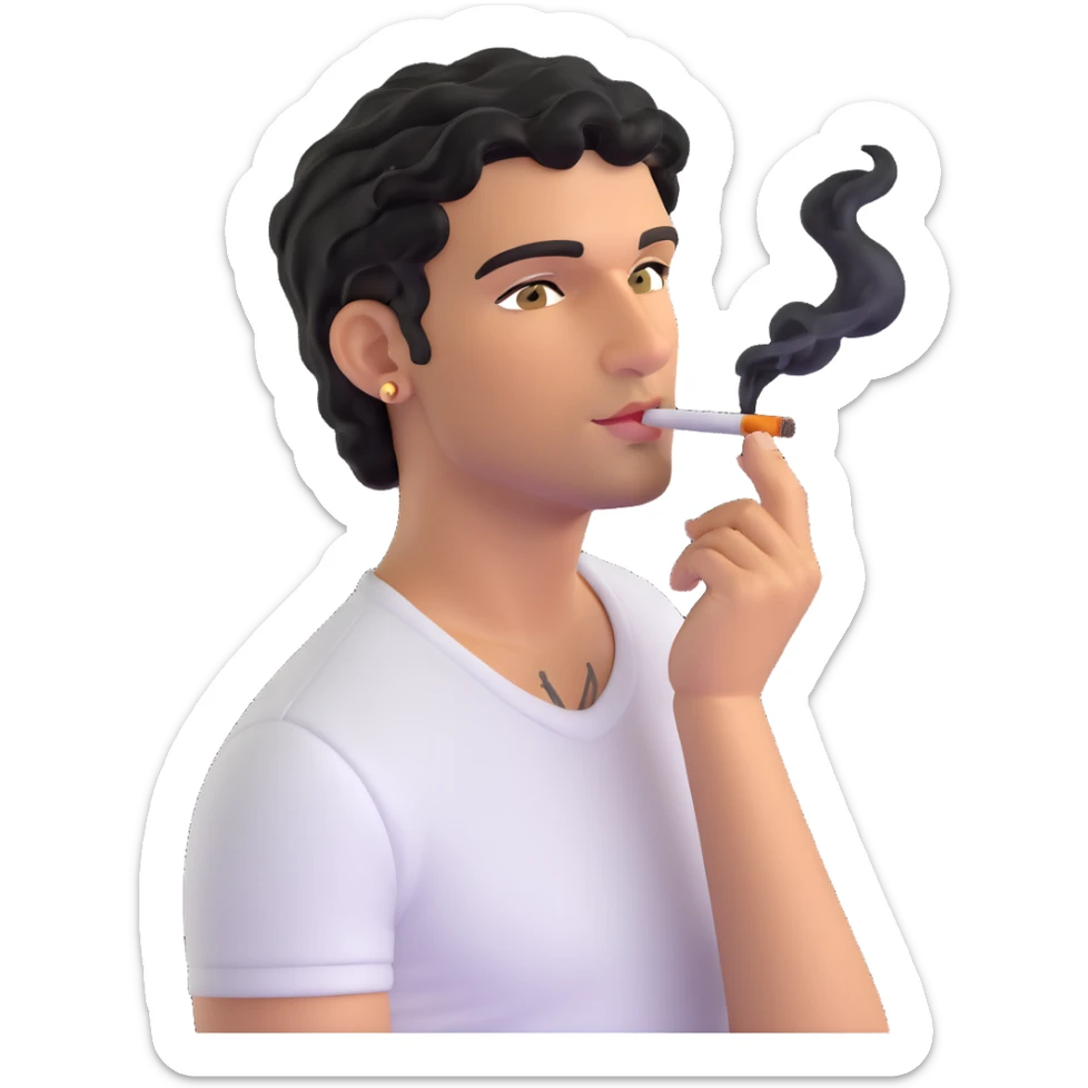Italian man with tanned skin, curly black hair in short bob style, stubble, olive eyes, gold earring in left ear, white t-shirt, black tattoo on forearm, smoking cigarette sticker