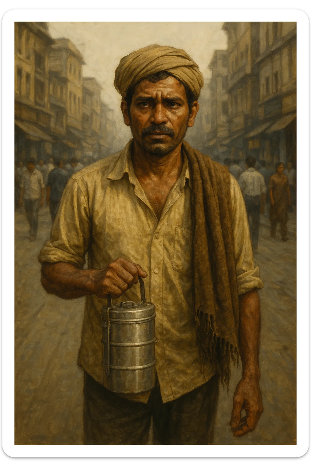 semi-realistic style portrait of an Indian man in humble attire, holding a lunchbox, heading to work, looking weary but determined, city street background sticker