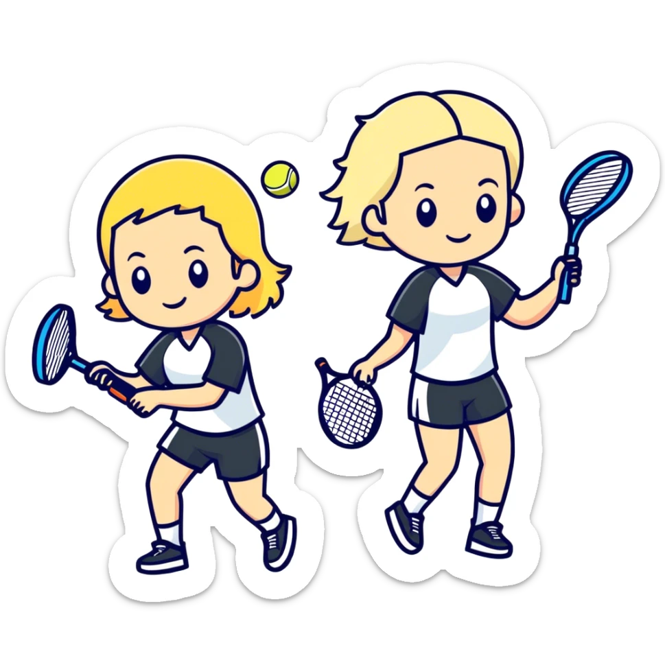 Two friends playing paddle tennis, one of them has blonde hair and the other has black hair. sticker