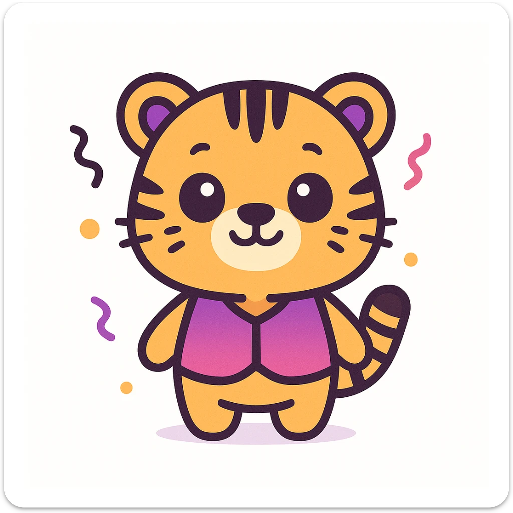 cute cartoon-style male tiger mascot with neotenic features: large round head, big shiny eyes, small nose and mouth, short arms and legs, chubby body, smiling happily, standing upright, wearing a purple and fuchsia vest or shirt, surrounded by soft party elements like confetti, no objects in hands, bold outlines, soft colors purple to fuchsia gradient, gold accents, white, clean vector style, extremely cute, evokes tenderness, plain white background sticker