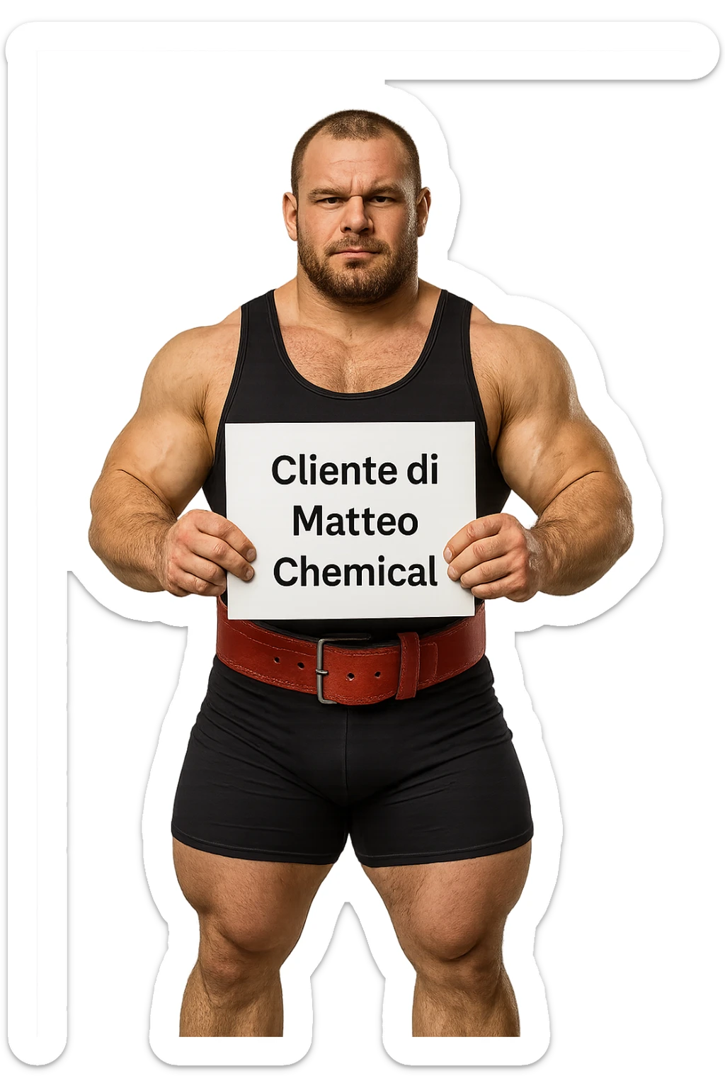 Powerlifter con in mano una targa o un foglio con scritto "Cliente di Matteo Chemical" sticker