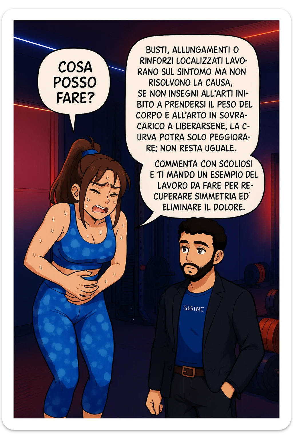 ispirati a questo stile di disegno e fai questa immagine in versione manga/webtoon a colori, il manga mostra la donna preoccupata che chiede: "COSA POSSO FARE?" E L'UOMO CHE RISPONDE: Busti, allungamenti o rinforzi localizzati lavorano sul sintomo ma non risolvono la causa. Se non insegni all’arto inibito a prendersi il peso del corpo e all’arto in sovraccarico a liberarsene, la curva potrà solo peggiorare; non resta uguale. Commenta con scoliosi e ti mando un esempio del lavoro da fare per recuperare simmetria ed eliminare il dolore. sticker