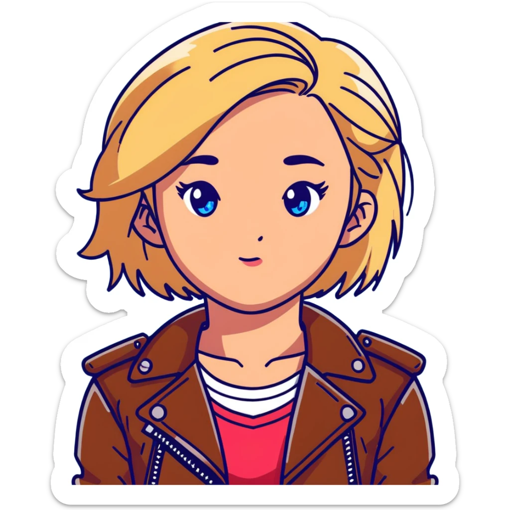 14-year-old girl with choppy blonde hair, armpit length, shortest at mouth, middle part, light freckles, blue eyes, defined cupid's brow, tight dark red top, brown leather jacket, necklaces sticker