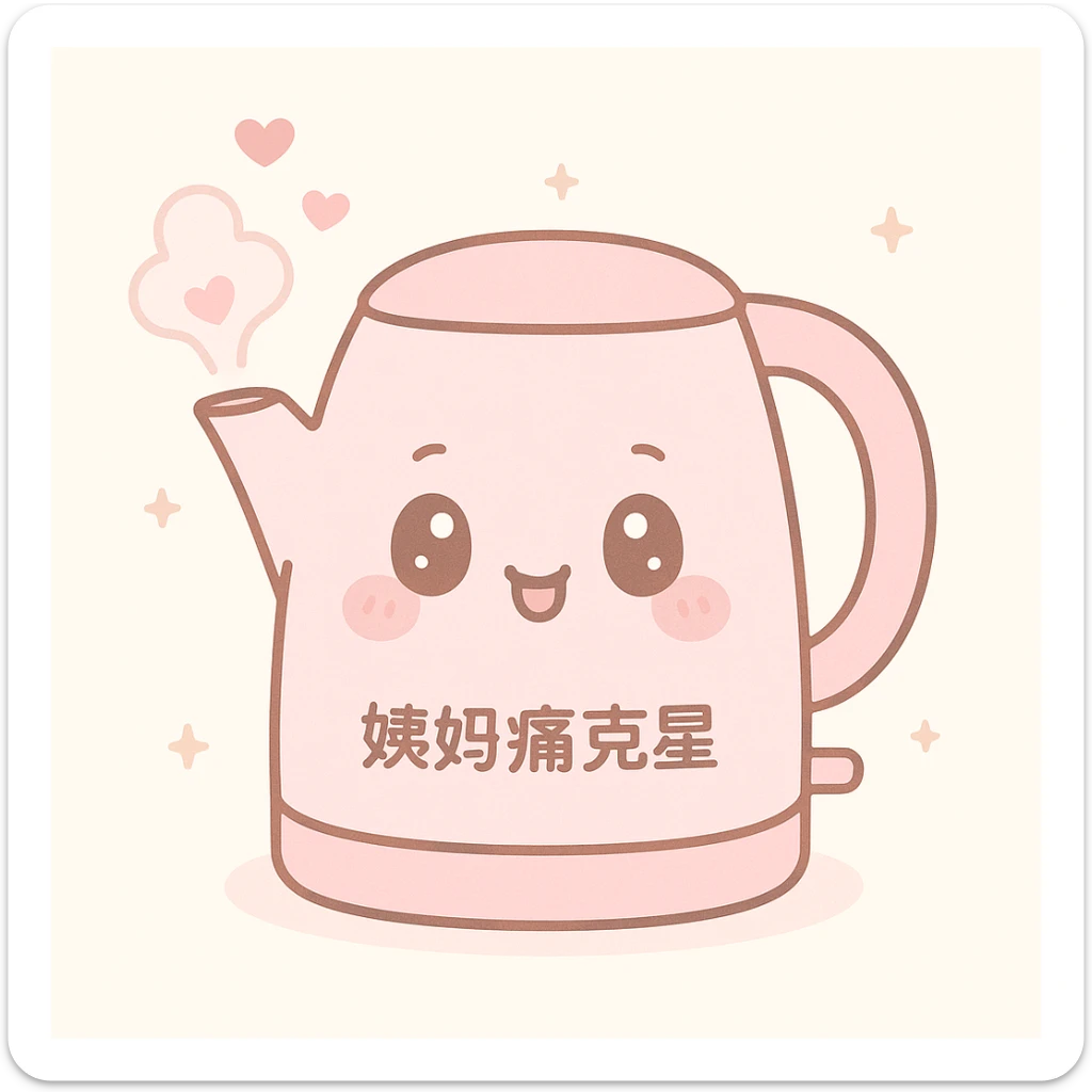 pink electric kettle labeled '姨妈痛克星', steam and small hearts coming out of the spout, radiating warmth and care, cute friendly style, comforting VIP service during period time sticker