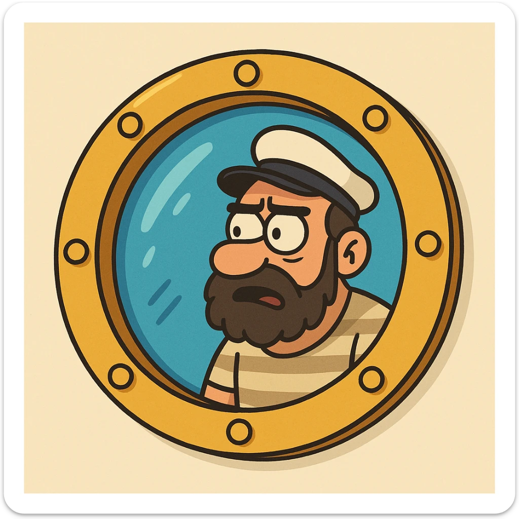 cartoon-style ship porthole with blue glass and shiny gold rim sticker