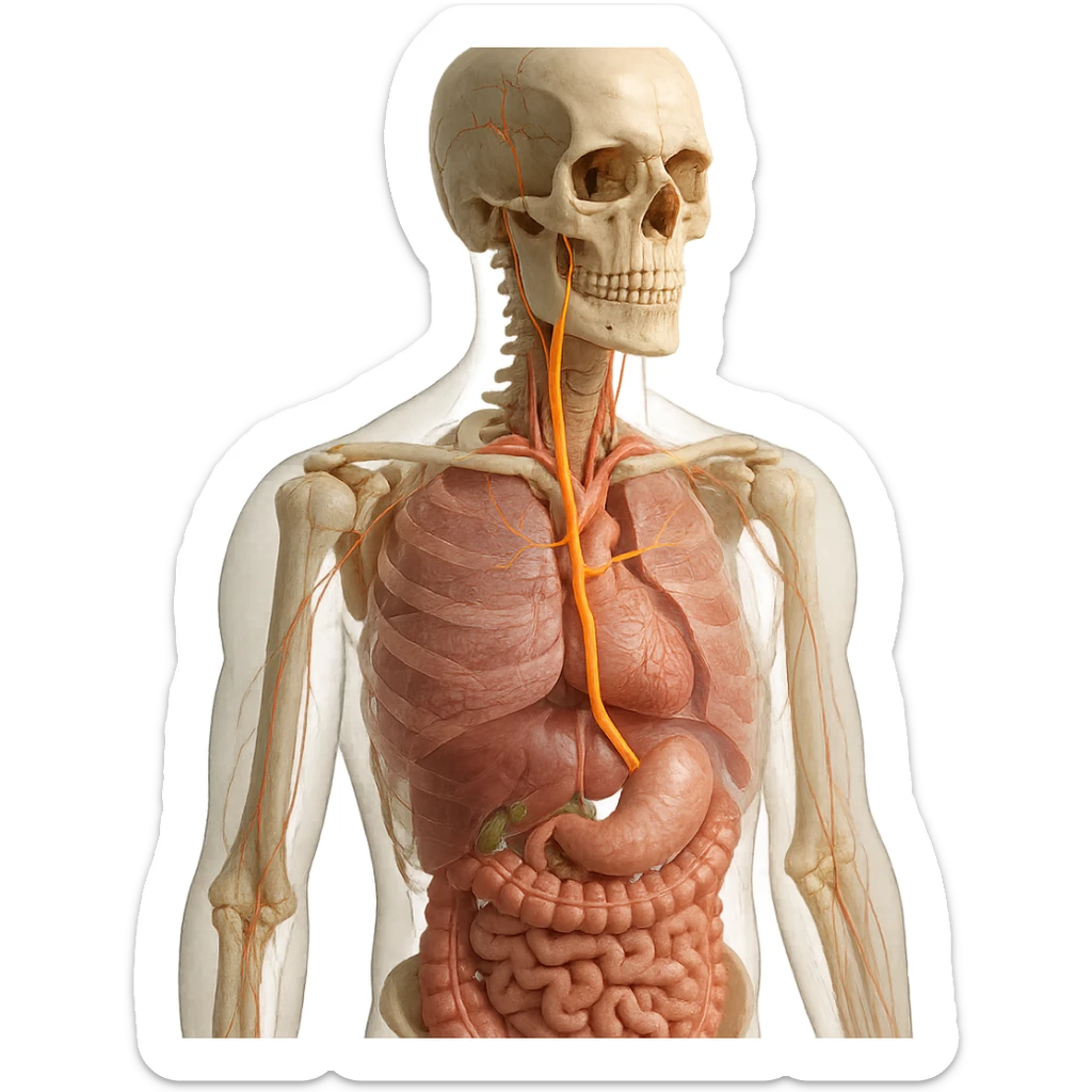 realistic 4K detailed anatomical image of the human body highlighting the vagus nerve, showing its precise path from the skull to the main organs, natural colors, transparency effect to reveal internal organs, clinical atmosphere, neutral background sticker