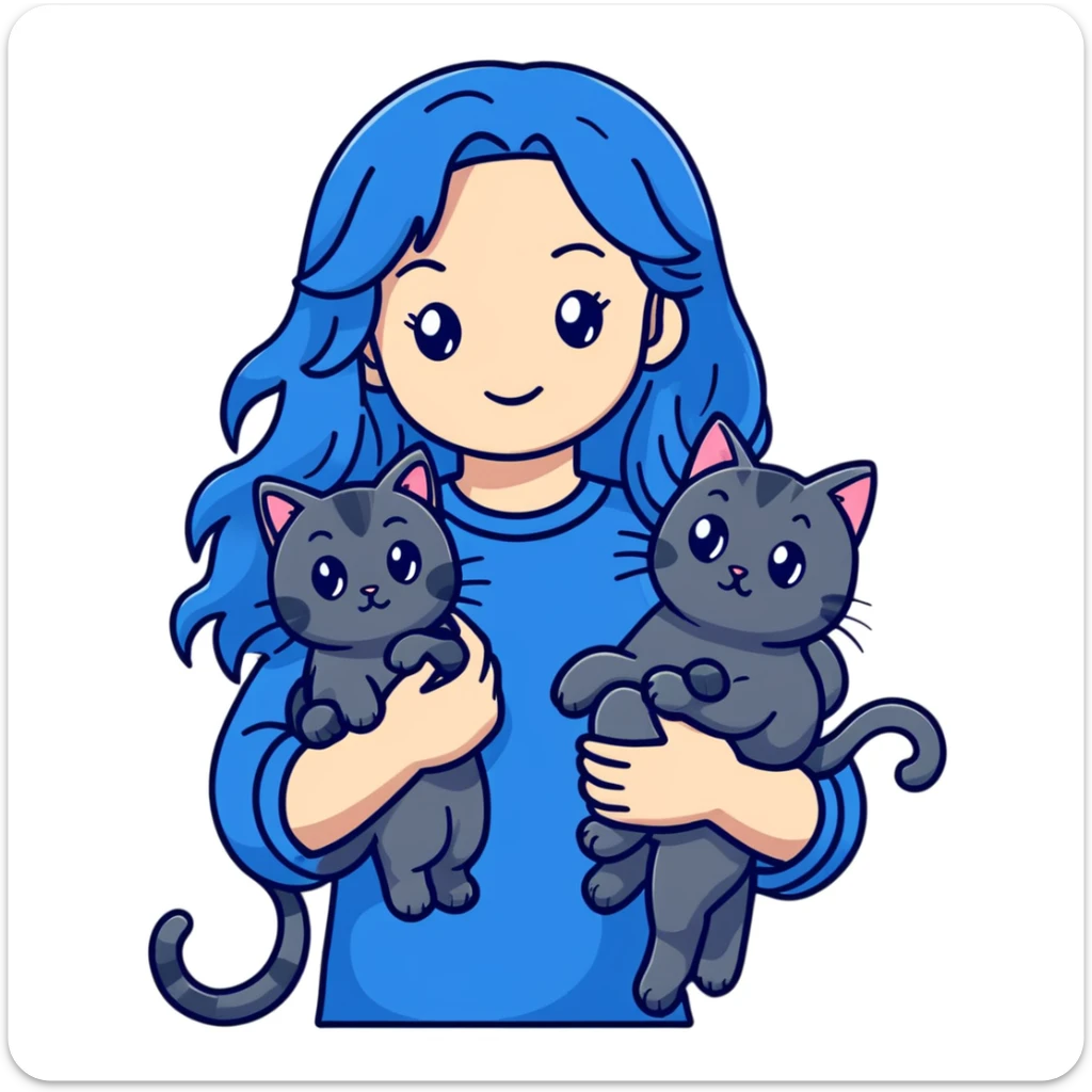 Girl with long wavy blue hair holding three cats, one black cat, one grey cat, and one grey-striped cat sticker